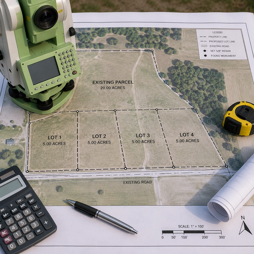 Surveying Tools Over Subdivision Site Plan land division